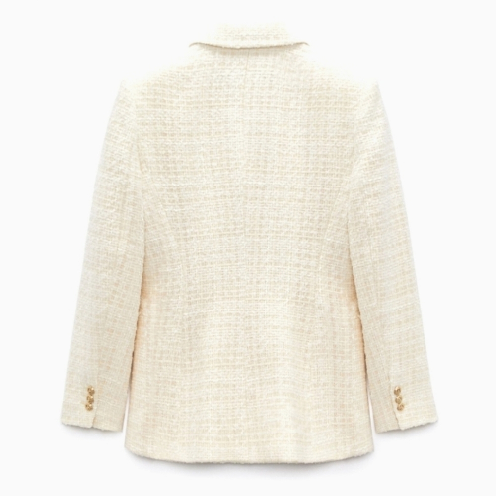 ZARA Tweed Textured Double Breasted Blazer gold buttons size S - Picture 15 of 16
